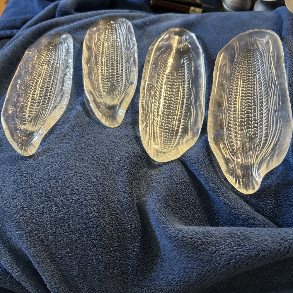 Set Of 4 Clear Pressed Glass Corn On The Cob Serving Dish